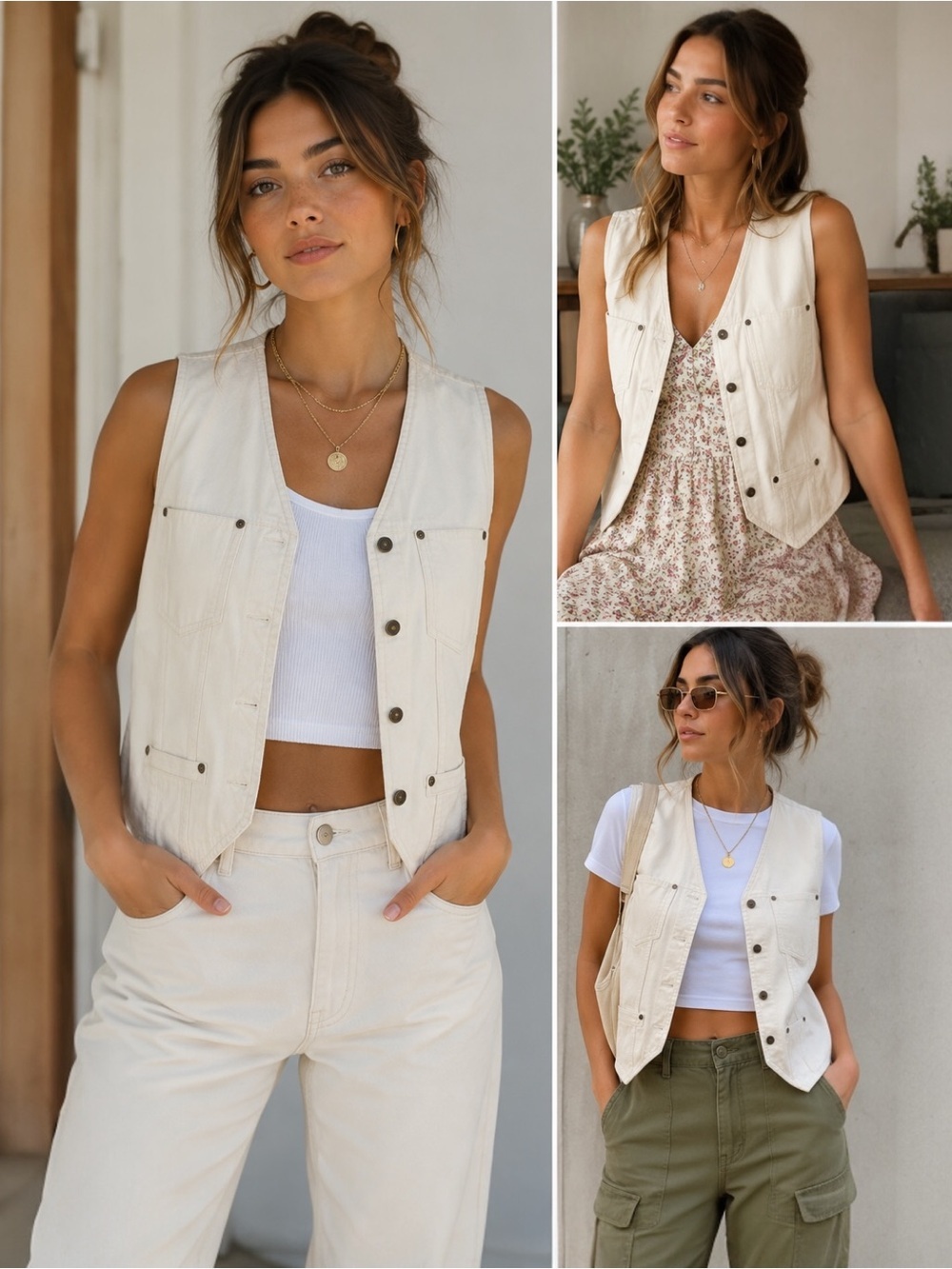 Liz Claiborne Cream Cotton Vest with Button Accents
